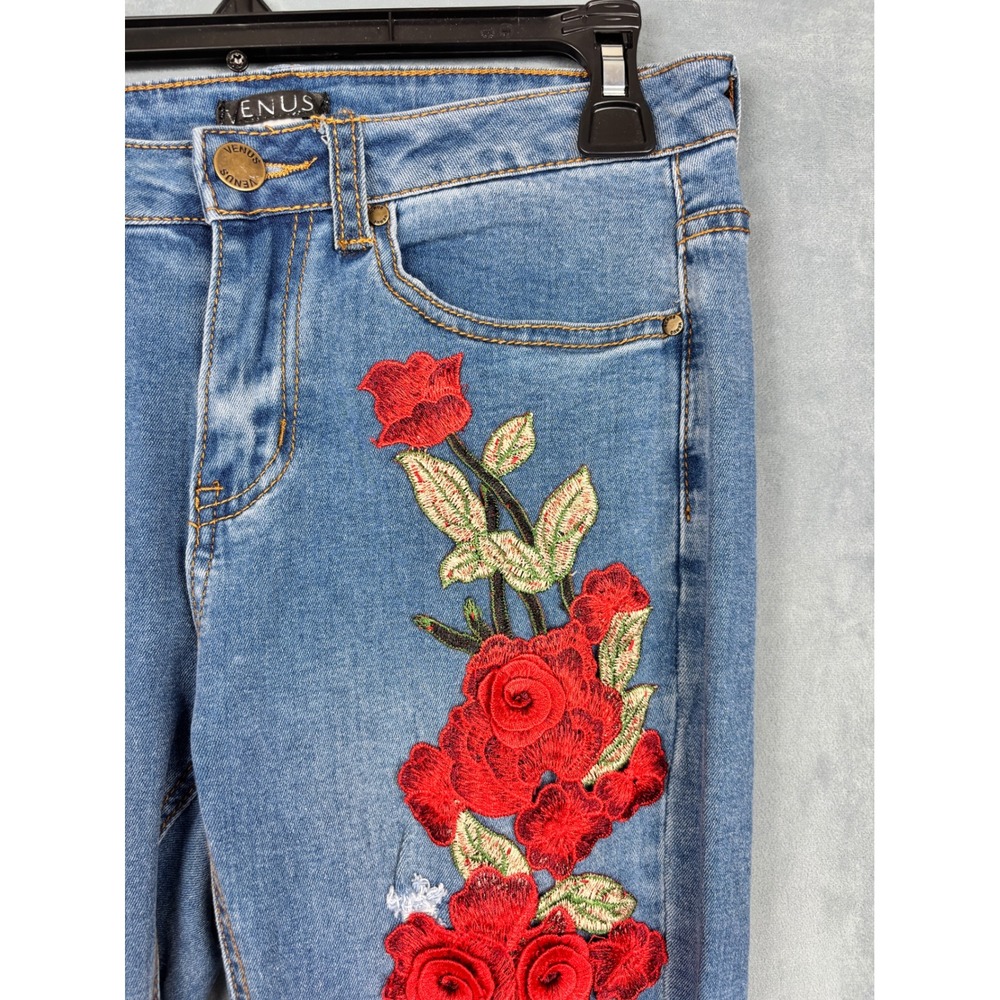Venus Floral Embroidered Rose Skinny Jeans Medium Wash Raw Hem Size 4 - Picture 7 of 13